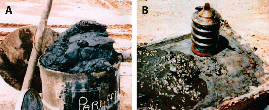 Image of before and after at a Texaco pipeline in Houston with a dramatic difference in paraffin buildup after only 2 weeks.